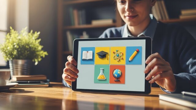 Person holds up a tablet displaying educational icons, sitting at a wooden desk