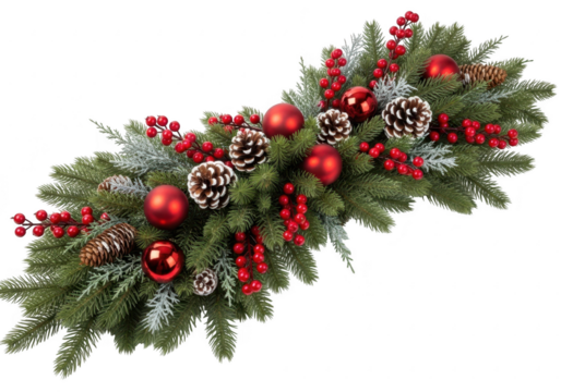 Christmas garland with pinecones and red berries, isolated on transparent background