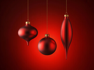Elegant deep red Christmas ornaments hanging against a festive crimson backdrop, perfect for seasonal advertising and warm holiday designs