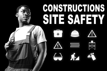 Construction worker emphasizes site safety with key symbols in a bold display