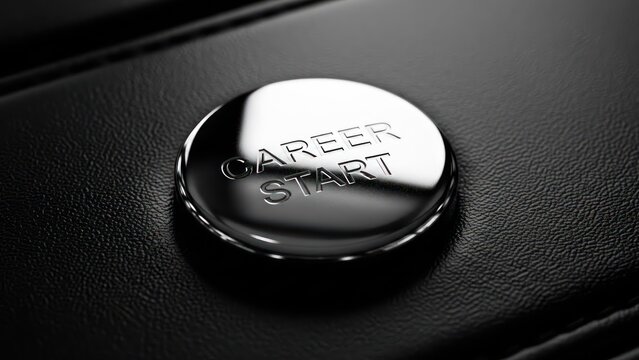 Polished chrome button embossed with "CAREER START" on a black leather surface