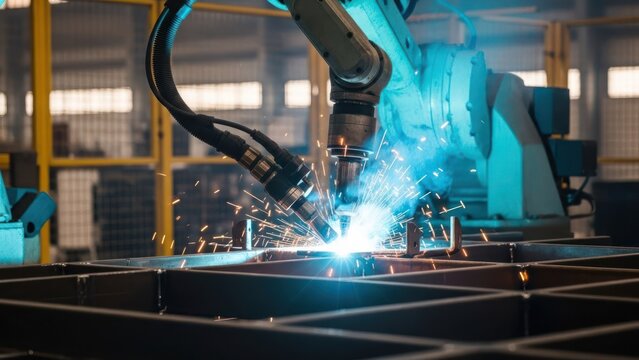 Robotic arm welding metal frame with bright sparks in an industrial setting