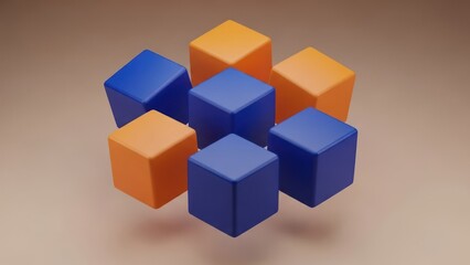 Seven hovering, colorful, 3D cubes arranged in a semi-circular pattern
