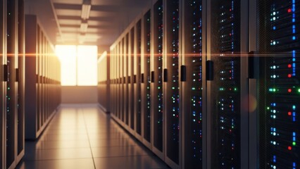 Server room, cabinets lined up, light from window at end. Long hallway with bright glow