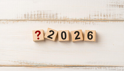 Red Question Mark Icon with Wooden Blocks Spelling 2026 Representing Uncertainty or Planning the Future