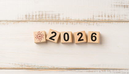 AI Technology Icon and Wooden Blocks Forming 2026 on Light Wooden Background Representing Artificial Intelligence Future