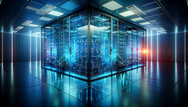 Modern data center with glowing servers for technology innovation and secure cloud computing solutions