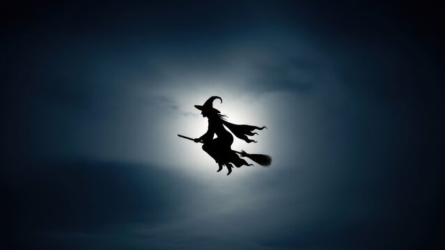 Silhouette of a witch flying on a broomstick, silhouetted against a bright, cloudy sky - Powered by Adobe