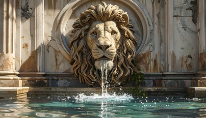 A majestic lion's head fountain, sculpted from stone, spews water into a serene pool, creating a tranquil scene