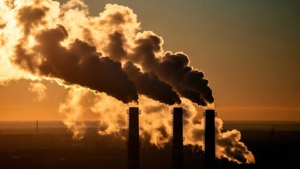 Fototapeta premium Silhouetted smokestacks emit thick plumes of smoke against an orange sunset sky