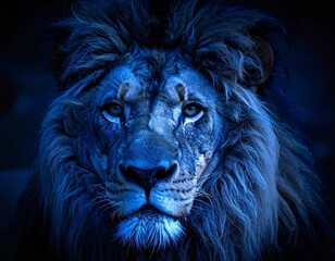 A majestic lion's head, captured in a striking blue hue with piercing eyes, commanding attention. The close-up emphasizes its noble features and thick mane