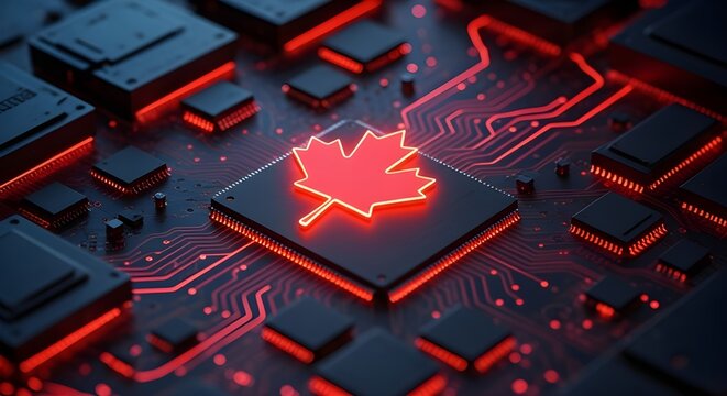 Red glowing Canadian maple leaf on a futuristic circuit board microchip background