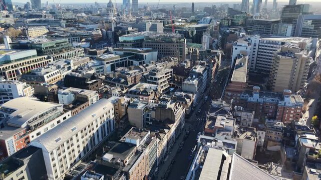 London Skyline Rising Over Hatton Garden Drone Aerial sunny day