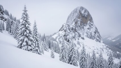 Snowy scene of fir trees and a large mountain peak under a cloudy sky