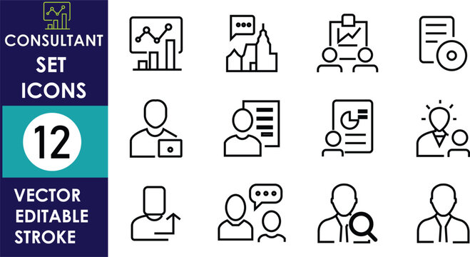 Minimal consultant icon set featuring business analytics, teamwork, presentation, reports, user profiles, strategy planning, leadership, communication, and idea generation in clean editable vector str