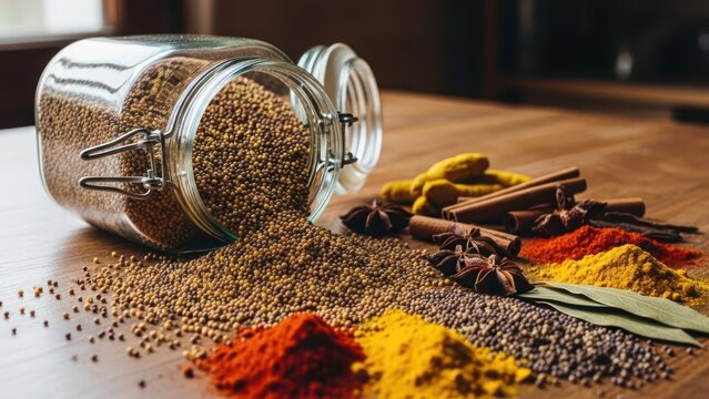 Spilled spice jar next to colorful piles of various spices on a wooden surface