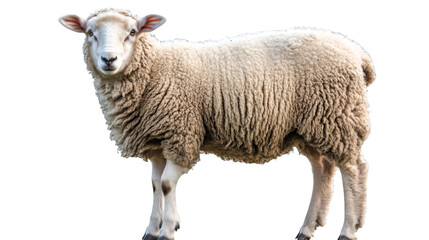 Fototapeta premium A full body shot of a sheep with thick wool standing in a field on a black background isolated