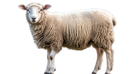 A full body shot of a sheep with thick wool standing in a field on a black background isolated