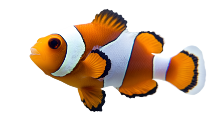 Side view of a clownfish with orange and white stripes swimming in a black background aquarium tank