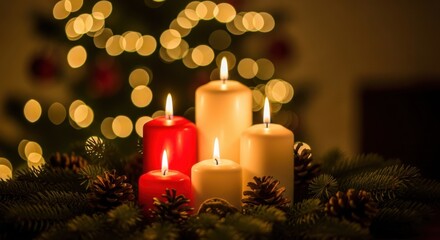 Warm glow of five candles, festive pine, with bokeh.