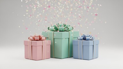 Three pastel colored gift boxes with ribbon bows; confetti rains down