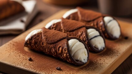 Three Italian pastries, filled with cream, dusted with cocoa, on a wooden board