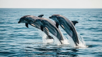 Three dolphins leap out of ocean water against a backdrop of blue sky and sea