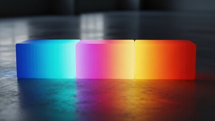 Three glowing, colorful, rectangular blocks cast light onto a concrete surface