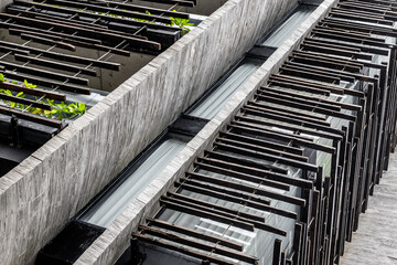 Modern architectural design with concrete and metal elements in urban building