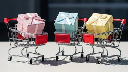 Three miniature shopping carts, each containing a colorfully wrapped gift box