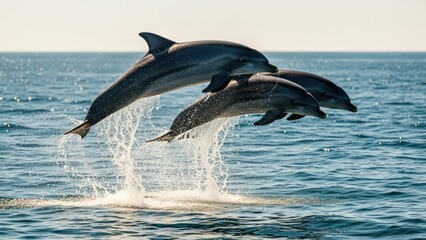 Three dolphins leap high above ocean water, creating splashes, sunlight in sky