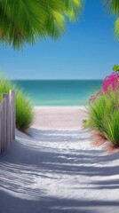 Pathway to Beach with Palm Trees and Flowers