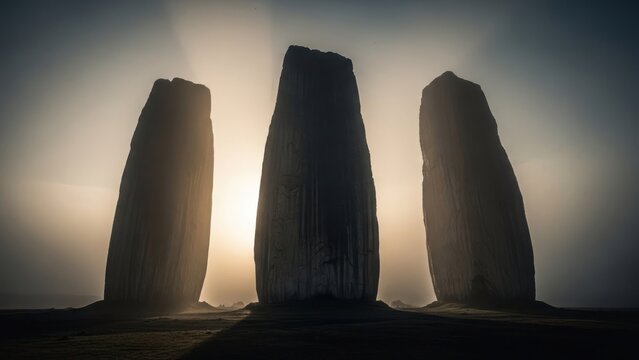 Three monolithic stone pillars silhouetted by the sun, casting shadows on the dusty ground