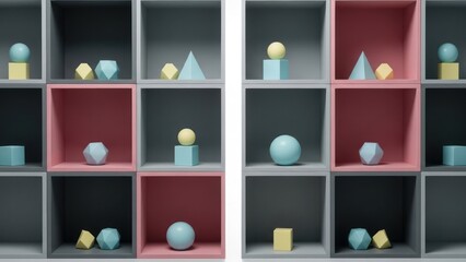 Two modular shelves showcasing geometric shapes in various arrangements and colors