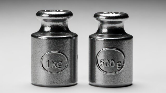 Two metal weights, one marked "1 kg" and the other "500 g", sit on a light background