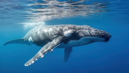 Underwater view of a large humpback whale swimming gracefully in clear, blue ocean water