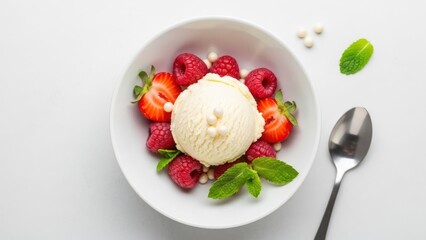 Vanilla ice cream scoop with berries, mint, and decorative pearls in a white bowl