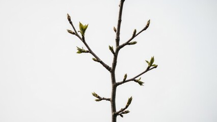 Upward reaching tree branch against a bright white background, new buds emerging