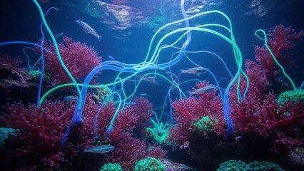 Underwater scene with colorful coral, glowing tendrils, and swimming fish