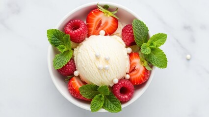Vanilla ice cream with berries and mint in a bowl, on a marble surface