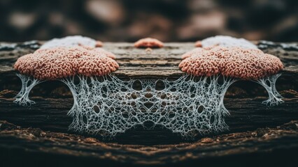 Unique fungi grow on decaying wood, featuring delicate webbing beneath