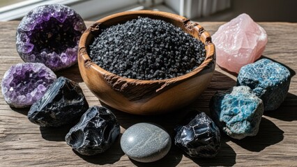 Various crystals and a wooden bowl of black salt arranged on a weathered wooden surface