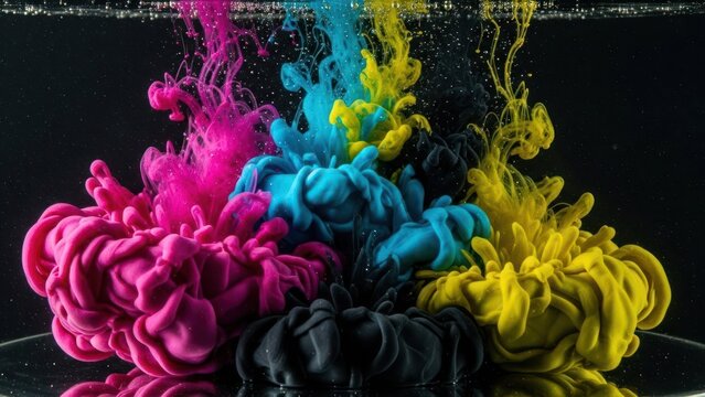 Vibrant ink clouds bloom underwater, forming colorful floral shapes against a dark backdrop
