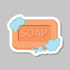 Bar of soap with foam sticker icon in flat style. Cosmetic product for hygienic vector illustration on isolated background. Toiletries sign business concept.