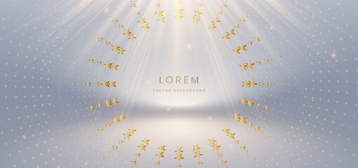 Luxury light gold ray on grey background with gold star frame effect sparkle.