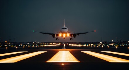 Airplane landing at night on a runway with bright lights