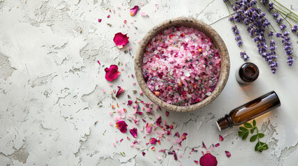 Luxurious flat lay of pink bath salts with rose petals and lavender, beside essential oil bottles on a cracked white background
