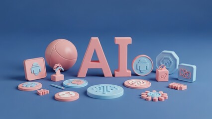 3D rendered scene featuring "AI" letters and various tech-related stylized objects