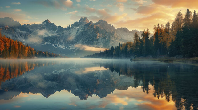 Dramatic sunset over rugged, snow-dusted mountains perfectly mirrored in a misty, still alpine lake framed by autumn trees - Powered by Adobe