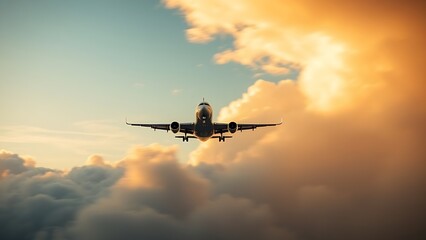 telephoto. An aircraft ascending through a cloudy sky during golden hour, capturing dynamic motion. mobility guides, transit brochures, designed for transport & logistics marketing.